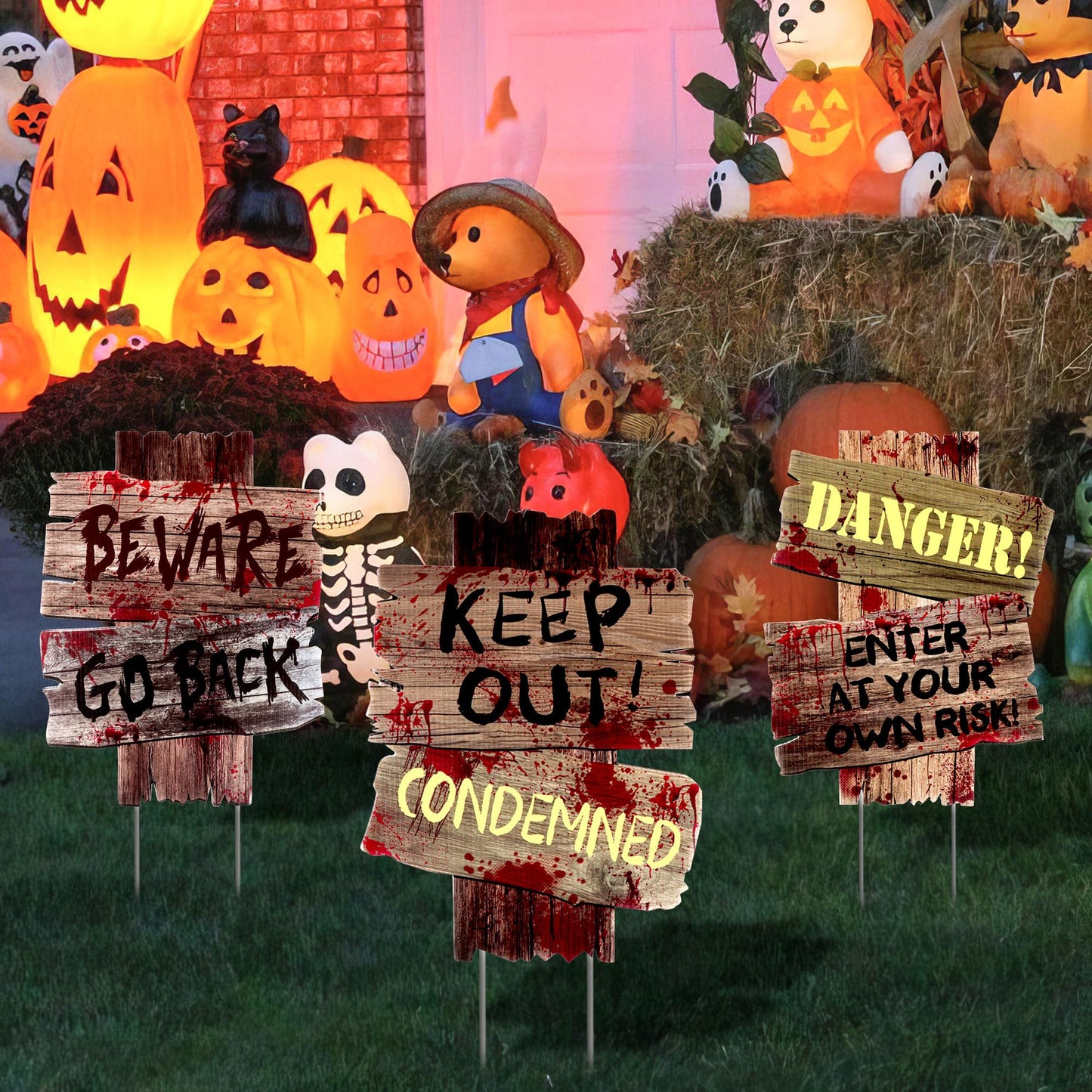 Halloween Decorations Outdoor Yard Signs Stakes,3 Pieces Beware Halloween Sign,Scary Warning Sign 2025 Halloween Zombie Vampire Graves Theme Party Decor Supplies,12" x 9"