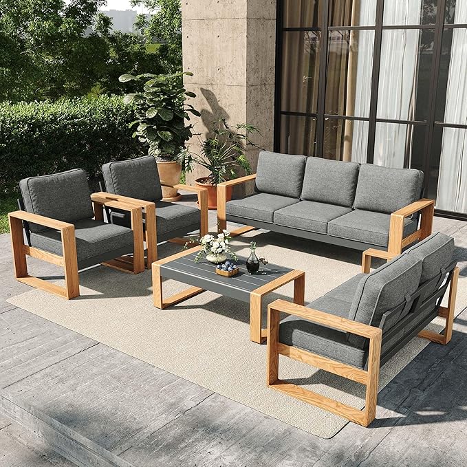5 Pieces Aluminum Patio Furniture Set, Outdoor Conversation Sets with High Backrest Sofa and Coffee Table for Garden and Backyard