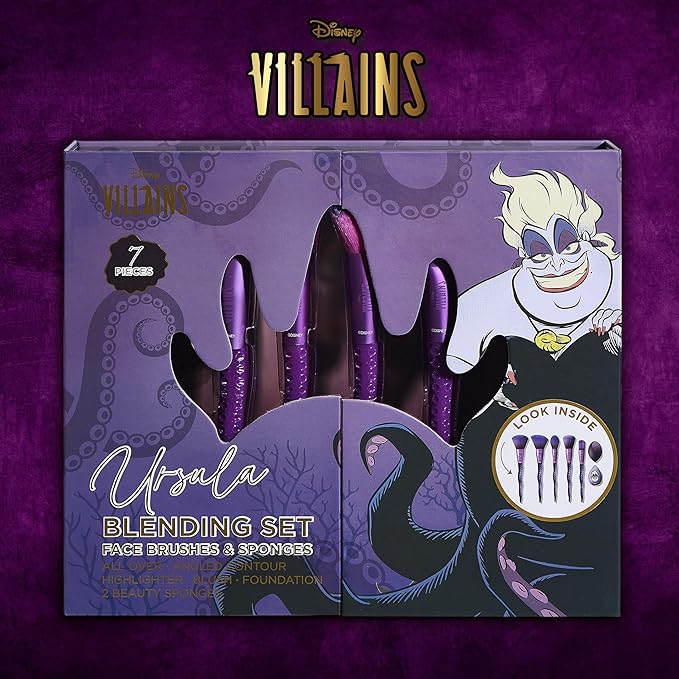 Disney Ursula 7PC Premium Makeup Brush & Blender Set, All-over, Highlighter, Concealer, and Eyeshadow Brush, 2 Beauty Blender Sponges for women and girls by Belle Maison