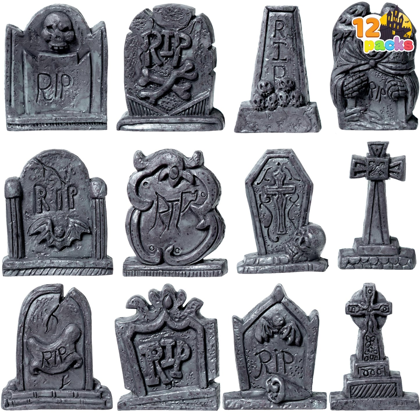 JOYIN 12 Pcs Halloween Miniature Tombstones Graveyard Decorations Outdoor, RIP Headstone with Skull Cross Design for Halloween Cemetery Yard Lawn Outdoor Indoor Decorations (Stone Gray)