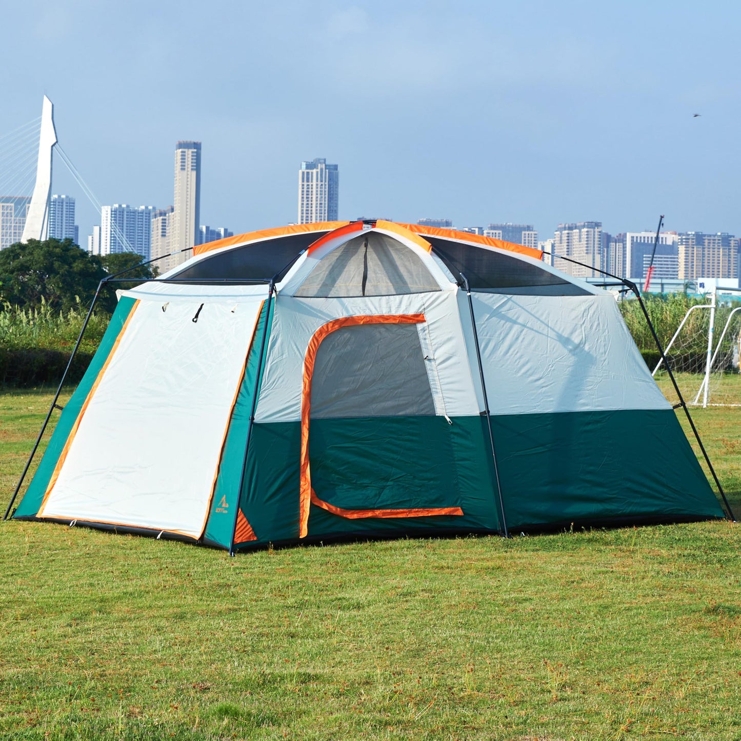 KTT Extra Large Tent 10 Person,Family Cabin Tents,2 Rooms,3 Doors and 3 Windows with Mesh,Straight Wall,Waterproof,Double Layer,Big Tent for Outdoor,Picnic,Camping,Family Gathering(Green)