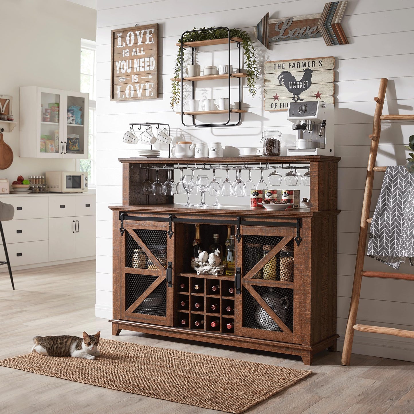OKD Farmhouse Coffee Bar Cabinet with LED Lights, 55" Wine Bar w/Sliding Barn Door & Wine and Glass Rack, Kitchen Buffet Cabinet w/Storage Shelves for Dining Room,Reclaimed Barnwood