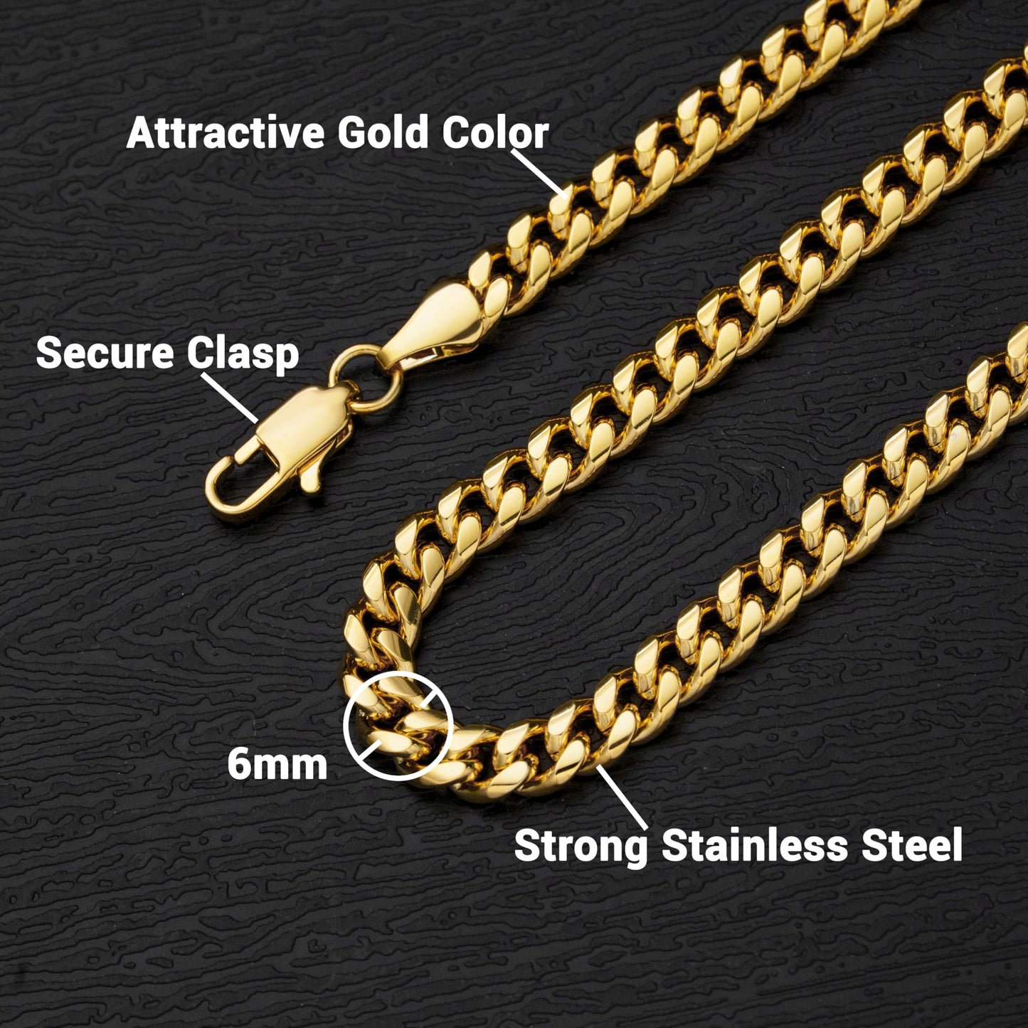 Gold Chain for Men, Mens 6mm Gold Plated Stainless Steel Cuban Link Chain Necklace (6MM-Gold, 24 Inches)