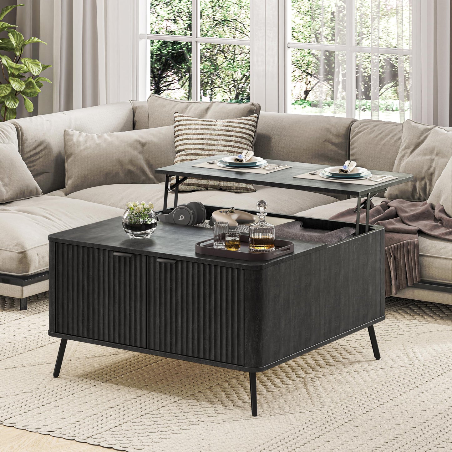 Fatmok Lift Top Coffee Table for Living Room, 35.4" Square Black Coffee Table with Storage Large, Mid Century Modern Rustic Wood Fluted Center Table with Large Hidden Storage Compartment