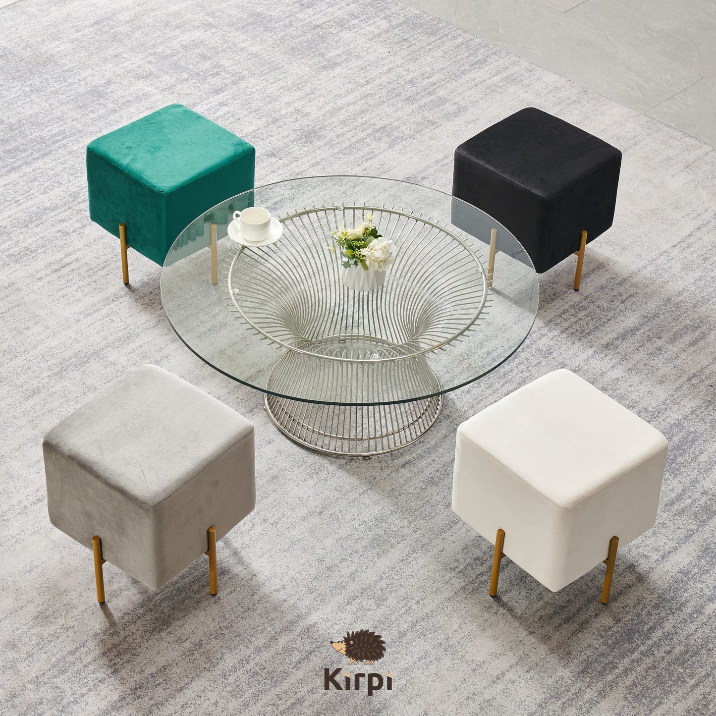 Kirpi Velvet Ottoman Set of 2, Cream Modern Gold Vanity Stool Square, Contemporary Foot Stool Ottoman, Upholstered Cube Foot Rest with Gold Metal Legs