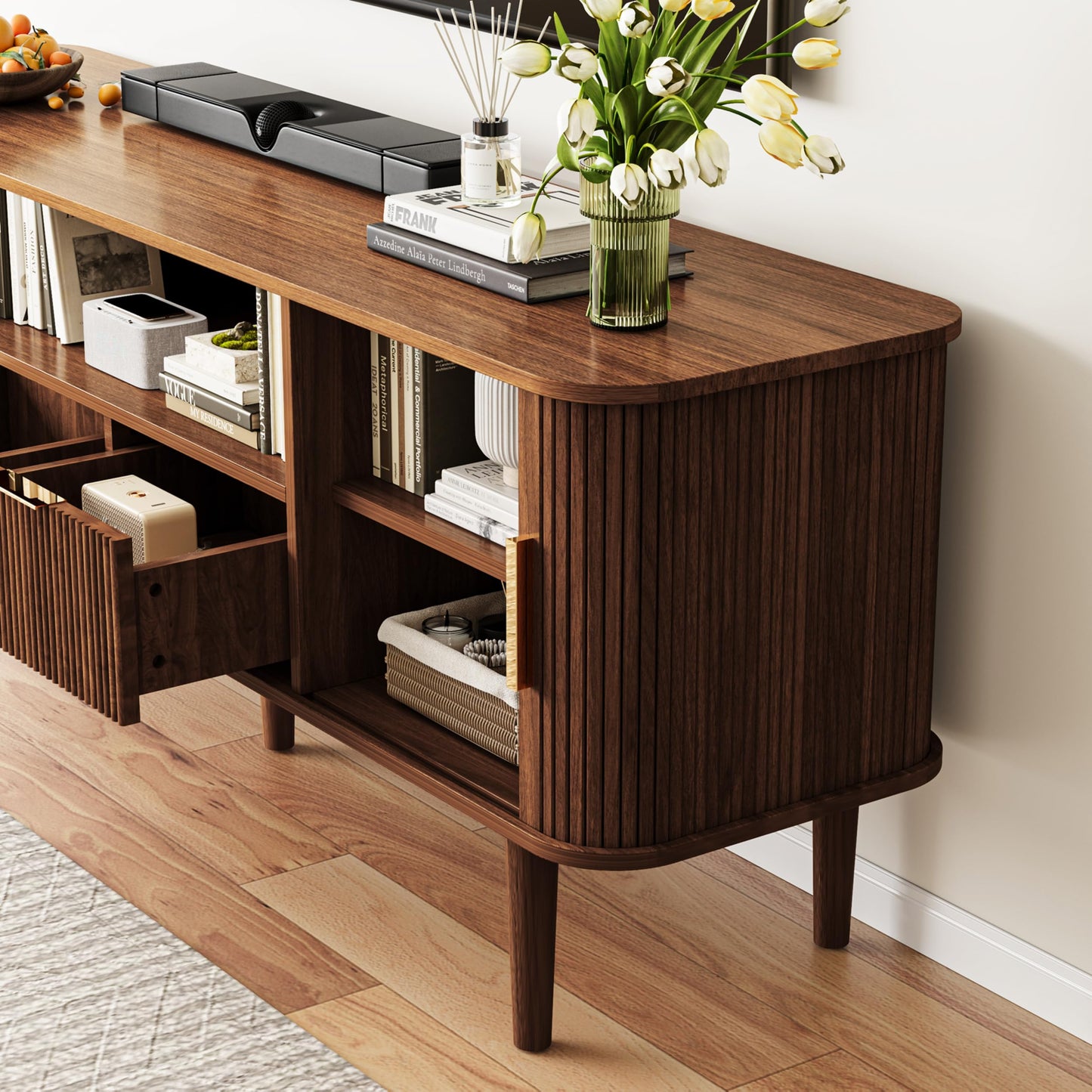 DAMCROP TV Stand 62.4 Inch Mid Century Modern Media Console Table with Drawer Shelves Sliding Tambour Door Farmhouse Sideboard Buffet Cabinet Fits TVs up to 75 inch Fluted Wood Entertainment Center