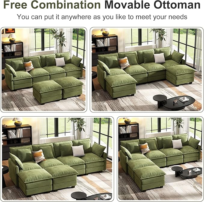 Cloud Couch Sectional, U Shaped Modular Sectional Sofa, 4-Seat Deep Seat Couch with 6 Removable Washable Pillows and 2 Ottoman for Living Room, Bedroom, Apartment
