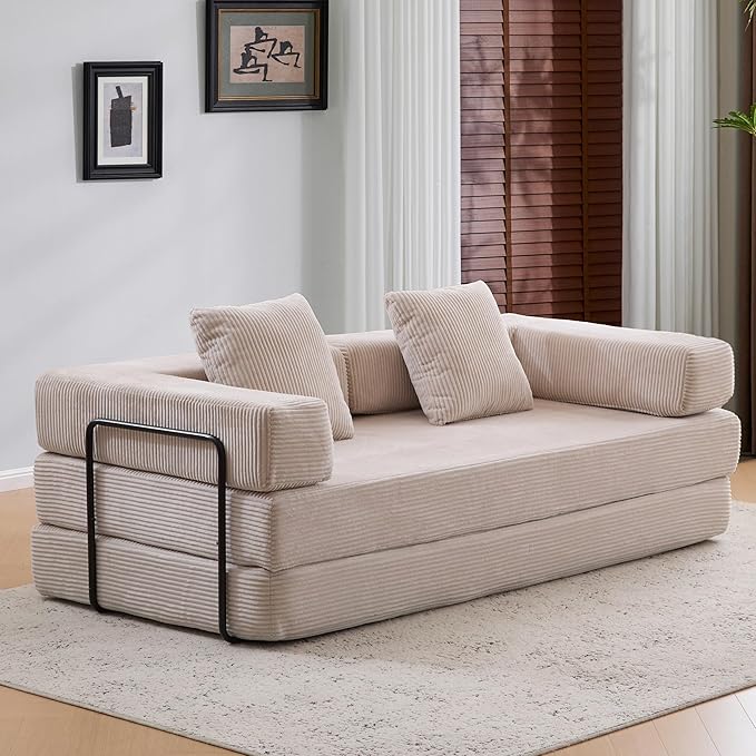 Convertible Couch Sofa Bed Foldable Floor Sleeper | Modern Fold Out Couch | Removable Backrest & Armrests | No Assembly Compression Sofa Sleeper for Living Room, Bedroom | Corduroy Fabric Beige