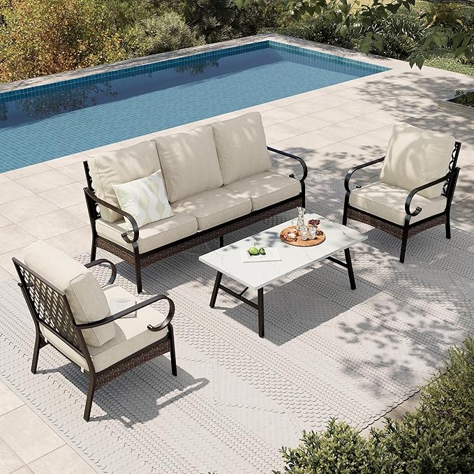 HERA'S HOUSE 4 Piece Metal Patio Furniture Set, All Weather Outdoor Conversation Set with 3 Seat Sofa, 2 x Cushioned Fixed Chair & Coffee Table, Seats 5 for Backyard, Garden, Deck, Beige