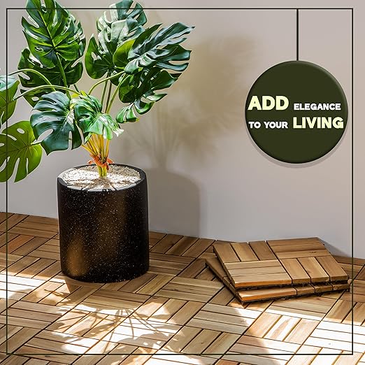 VICTORY RELAX Acacia Wood Decking Tiles 9PCS - Easy Snap Interlocking Deck Tiles for Patio Poolside Balcony Decor - All Weather Waterproof Flooring for Indoor & Outdoor (Round Joints)