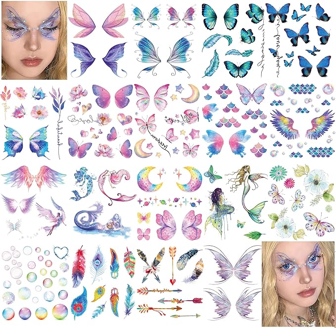 18 Sheets Glitter Temporary Tattoos for Women, Rosymormor Fairy Butterfly Flower Fake Tattoos for Party Favors, Face Glitt...