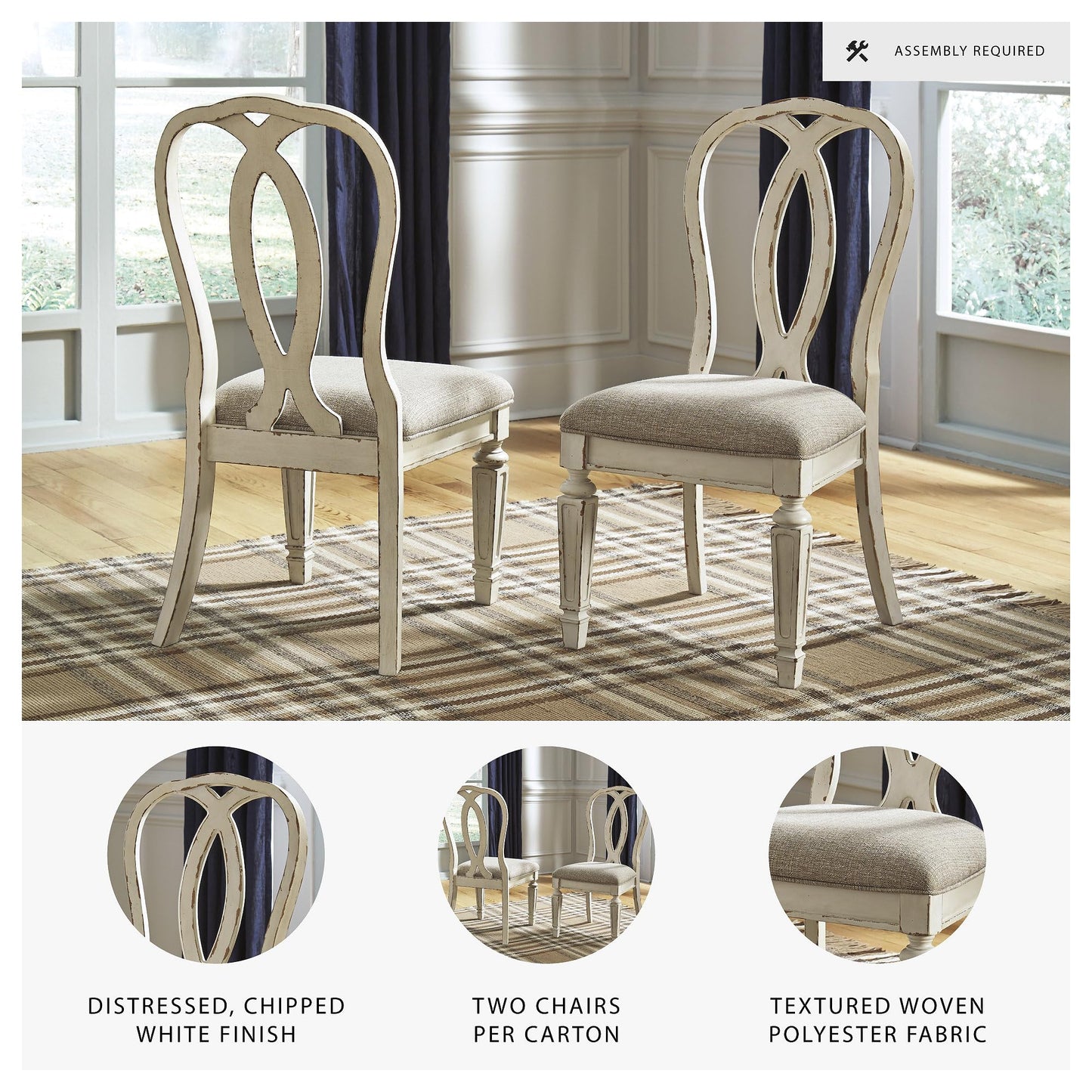 Signature Design by Ashley Realyn French Country Ribbon Back Dining Chair, 2 Count, Chipped White