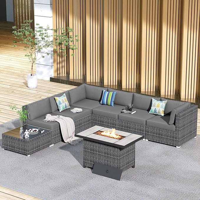 HOOOWOOO 8 Piece Patio Sectional Furniture Set with Fire Pit Table,Modern Wicker Outdoor Conversation Sofa Sets,Weather Resistant Modular L Shaped Outside Couch Set(Dark Grey)