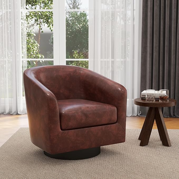 UIXE Swivel Accent Chairs Set of 2, Faux Leather Upholstered Armchair Barrel Club Chair for Living Room, Round Arm Chair Bedroom Single Sofa Reading Seat - Red Brown