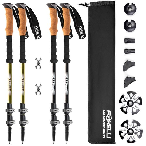 Foxelli Hiking Poles Bundle (2 Pairs) – Khaki & Black Collapsible Lightweight Aircraft-Grade Aluminum Trekking Poles with Accessories