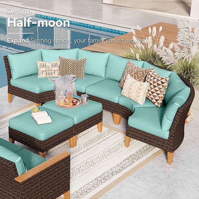 GREEN PARTY 9 Pieces Wicker Patio Furniture Set, All-Weather Outdoor Rattan Half-Moon Curved Patio Sectional Sofa Conversation Set with 4" Thick Cushions for Garden, Backyard, 2 x Ottomans (Blue)