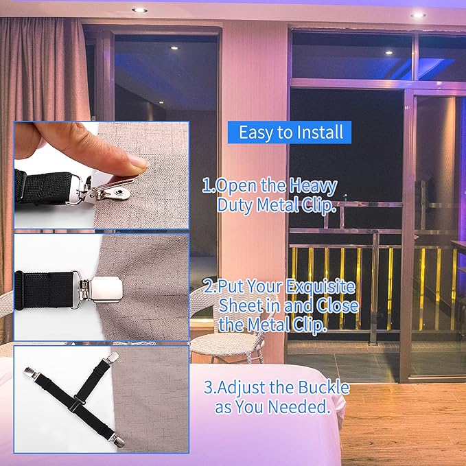 Upgrade Design Sheet Straps 4 PCS Bed Sheet Clips Adjustable Sheet Holders for Corners Fitted Sheet Clips Black