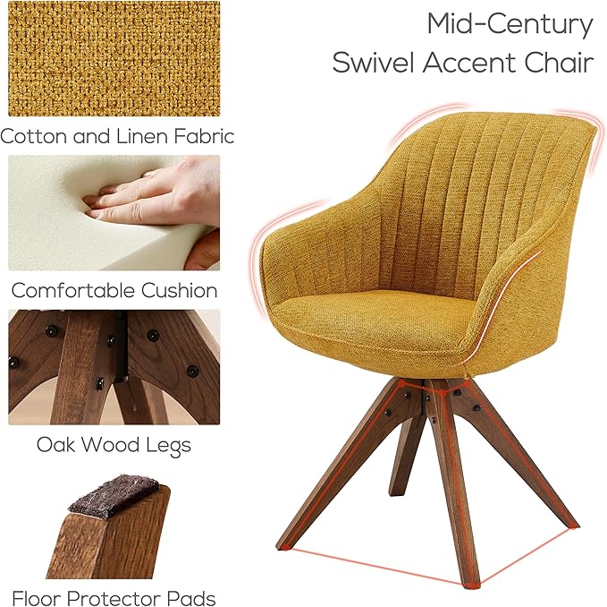 Art Leon Dining Room Chair - Mid Century Modern Fabric Upholstered Swivel Dining Chair with Wood Legs, Leisure Side Chair with Arms for Living Room, Yellow