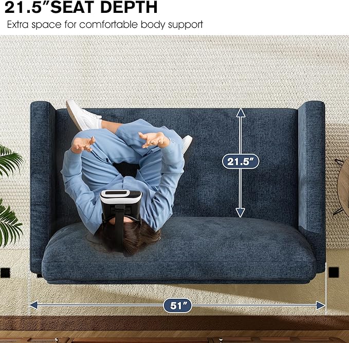 kakuboohi 51" Loveseat Sleeper Sofa Bed, Chenille Convertible Floor Sofa Bed for Small Spaces, Folding Couch Bed with Deep Seat, 2 Pillows & Solid Frame, Pull Out Floor Couch for Living Room, Blue