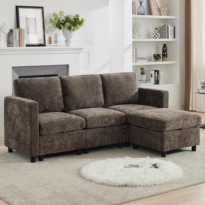 WUTUTUEE 83'' Modular Sectional Sofa Convertible L Shaped Couch Set for Living Room, 4 Seat Storage Modular Sofa with Movable Ottoman, Chenille Brown