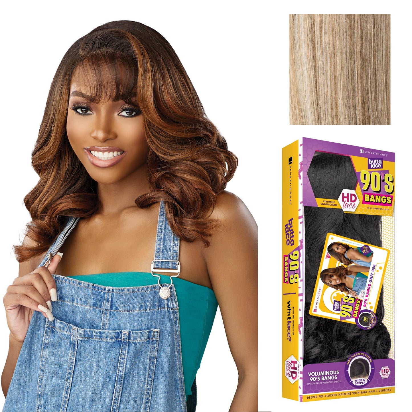 Sensationnel Butta Lace 90Sbangs Wigs - Unit 908 Glueless Wide Deep Part Synthetic Preplucked Hairline (BALAYAGEASHBLONDE)