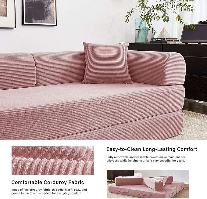 79" 5-in-1 Folding Convertible Sofa Bed, Oversized Corduroy Futon Floor Couch with Pull-Out Sleeper, Modular Boneless Loveseat for Small Spaces, Living Room, Bedroom (Pink)