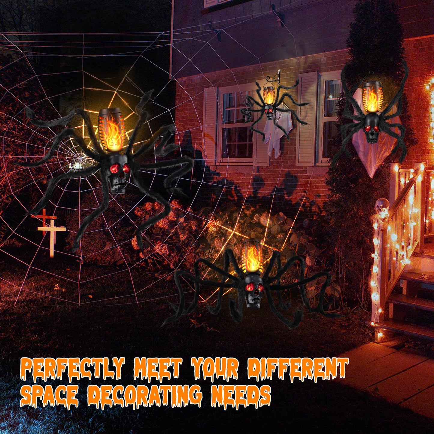 Halloween Skull Flame Light with 8 Spider Tentacles - Spooky Indoor/Outdoor Decoration for Halloween Parties, Gardens, and Haunted Displays (Orange, 2 Pack)