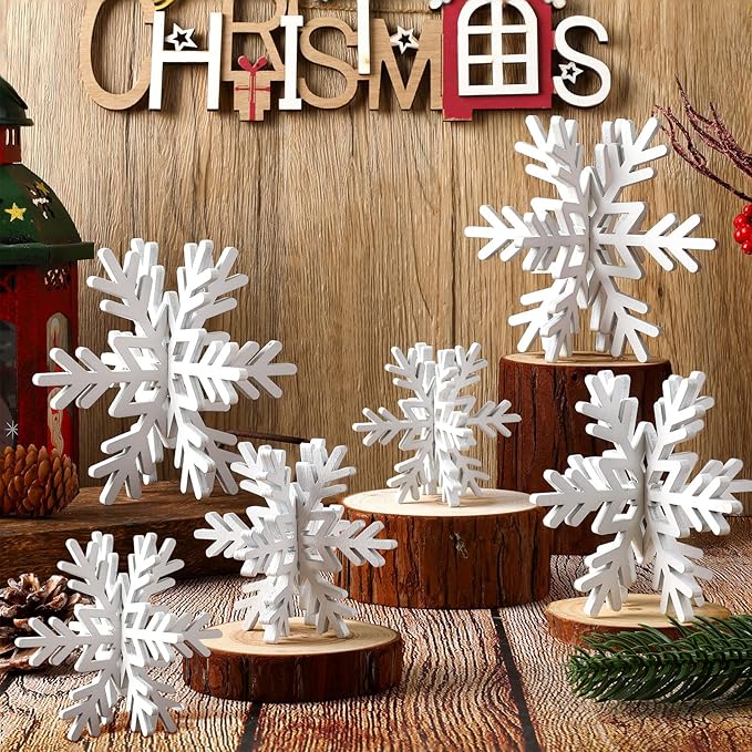 Bucherry 12 Pcs Wooden Snowflake Table Decor 3D Snowflake Tabletop Signs and Centerpiece for Christmas Xmas Winter Wonderl...