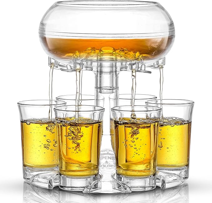 JoyJolt 6 Shot Glass Dispenser and Glass Set. 32oz Liquor Dispenser for Home Bar Accessories, Parties