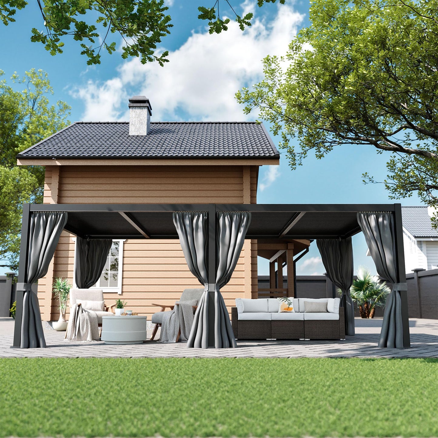 COSIEST 12'X24' Aluminum Louvered Pergola,All-Weather Adjustable Roof with Mosquito-Proof & UV Protection Netting Curtains Large Pergolas for Patio, Deck, Backyard, Garden Outdoor Living Space (Black)