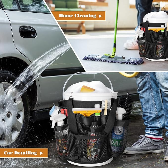 5 Gallon Bucket Organizer with Anti-fall Hooks & Buckle, Car Wash Bucket Caddy with Mesh Pockets, 5 Gallon Cleaning Tools Bag for Home, Auto, Garden & Fishing