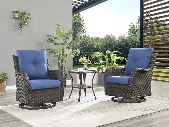 Rilyson Wicker Rocking Chair Swivel Chairs - 3 Piece Rocker Patio Furniture Set Rattan Rocking Bistro Sets with Glass Top Side Table for Outdoor Porch Deck Garden Backyard (Brown/Blue)