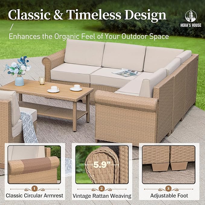 HERA'S HOUSE 6 Piece Patio Furniture Set, Outdoor Sectional Wicker Sofa with 44" Coffee Table, 5.5" Thick Waterproof Cushion All Weather 5 Seats Modular Conversation Set for Garden Deck Backyard