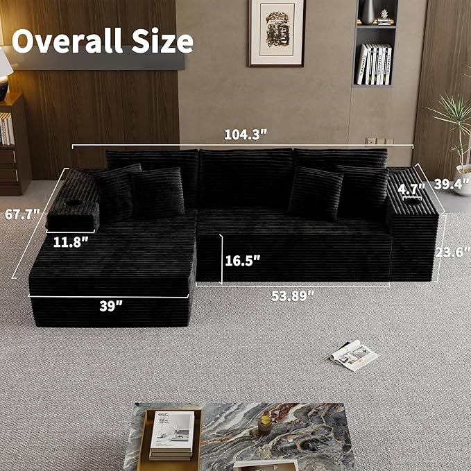 Cibert 104.3" Modular Sectional Sofa, Black Boneless Couch Left Chaise L Shaped Couch with USB Ports, 2 Cup Holders, 2 Side Storage Bags & Lint Remover, No Assembly Sectional Couches for Living Room