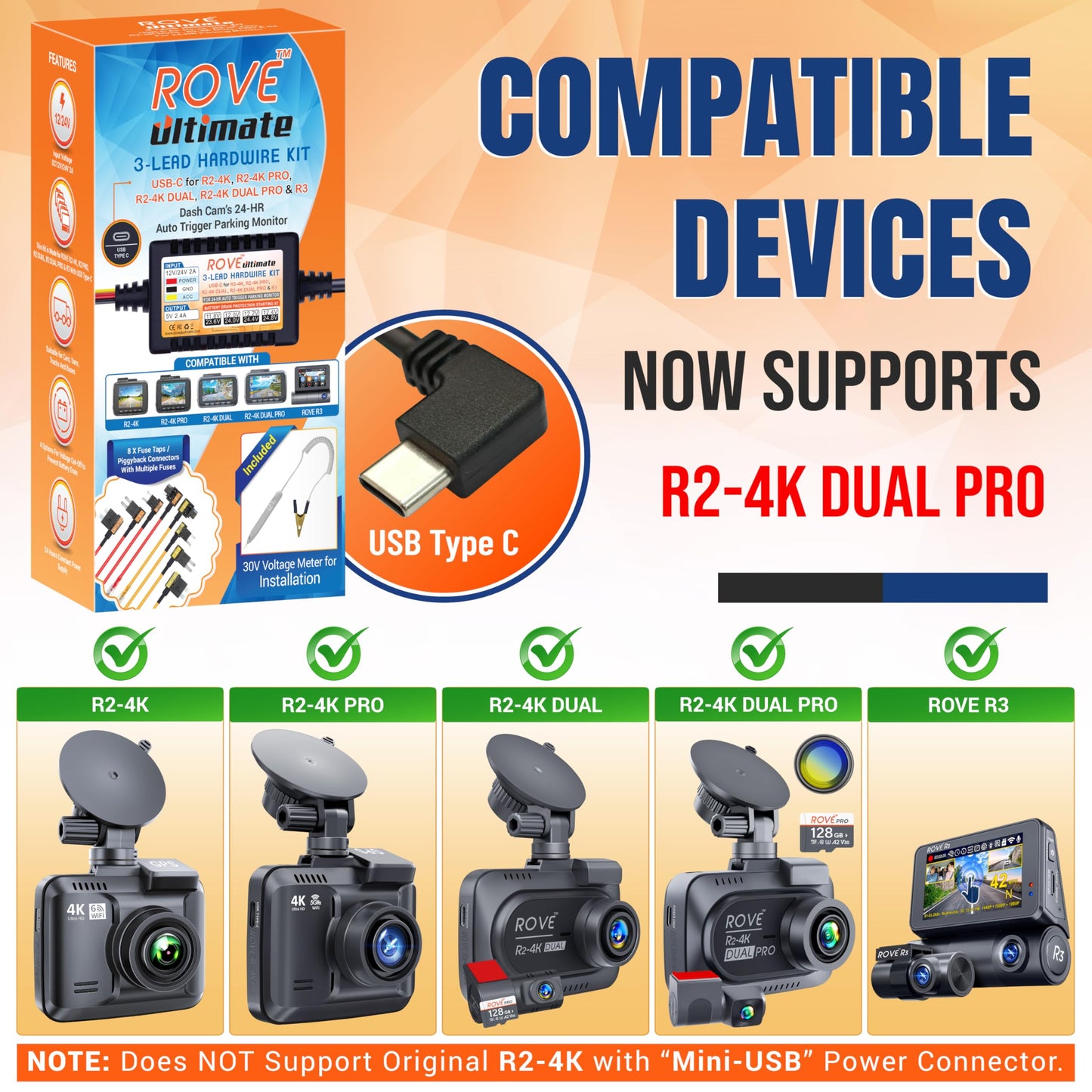 Rove Ultimate Dash Cam Hardwire Kit With Usb-C Port For R2-4K, R2-4K Pro, R2-4K Dual, R2-4K Dual Pro, And R3 Dash Camera Models,