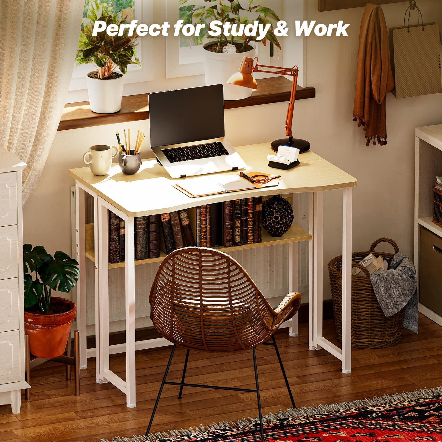 Huuger Folding Desk with Storage Shelf, 31.5 Inch Foldable Computer Table for Small Spaces, Space Saving Sofa Table for Couch, Writing Work Office Computer Desk, Easy to Fold, Oak