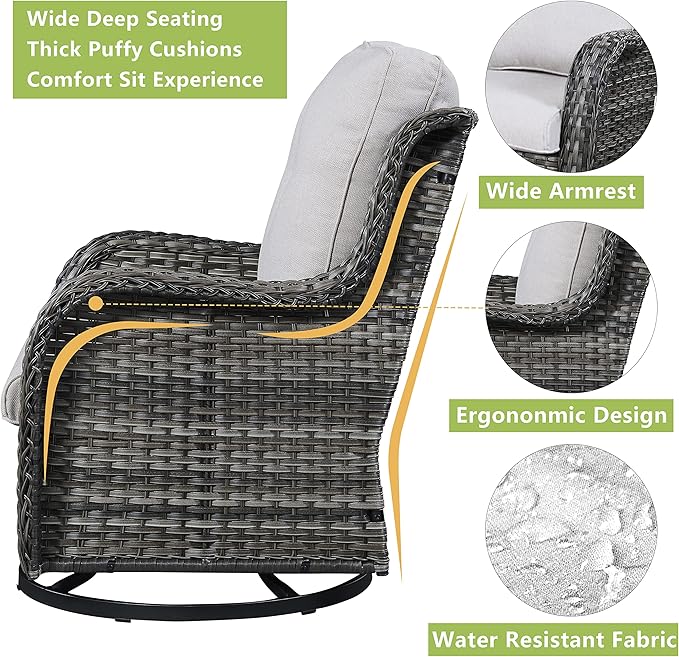 Rilyson Wicker Rocking Chair Swivel Chairs - 3 PC Rocker Patio Furniture Set Rattan Rocking Bistro Sets with Glass Top Side Table for Outdoor Porch Deck Garden Backyard (Mixed Grey/Beige)
