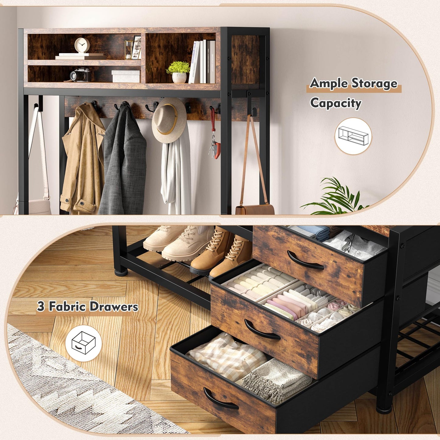 Raybee Hall Tree with Bench and Shoe Storage, Coat Rack Freestanding with 3 Fabric Drawers, Entryway Bench with Shoe Storage, Hall Tree with 12 Hooks for Hallway