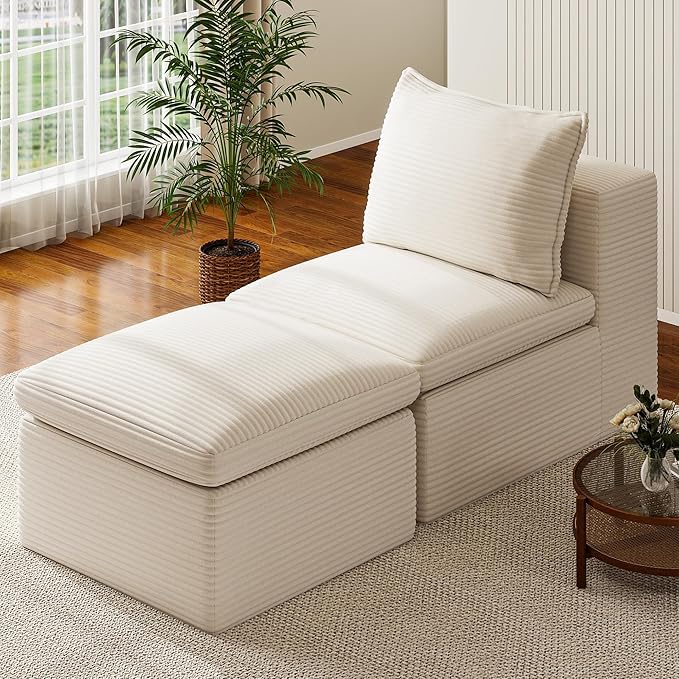 Buytime 65.6" Chaise Lounge Chair Indoor, Boneless Upholstered Sofa Bed, Corduroy Comfy Sleeper Chair for Living Room and Bedroom, Cream Beige