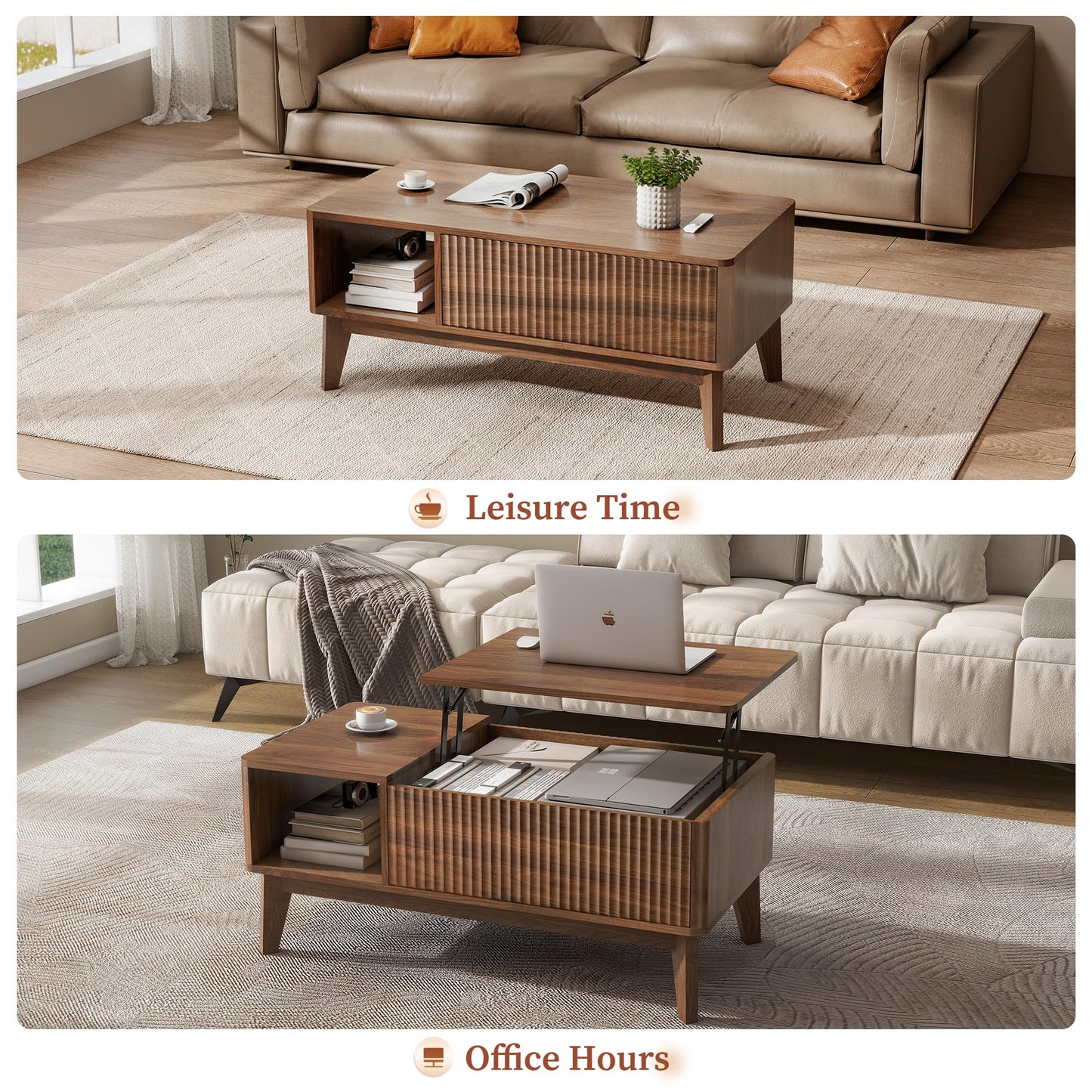 LYNCOHOME Fluted Lift Top Coffee Table with Hidden Compartment, Modern Center Table for Living Room, Home Office（Walnut）
