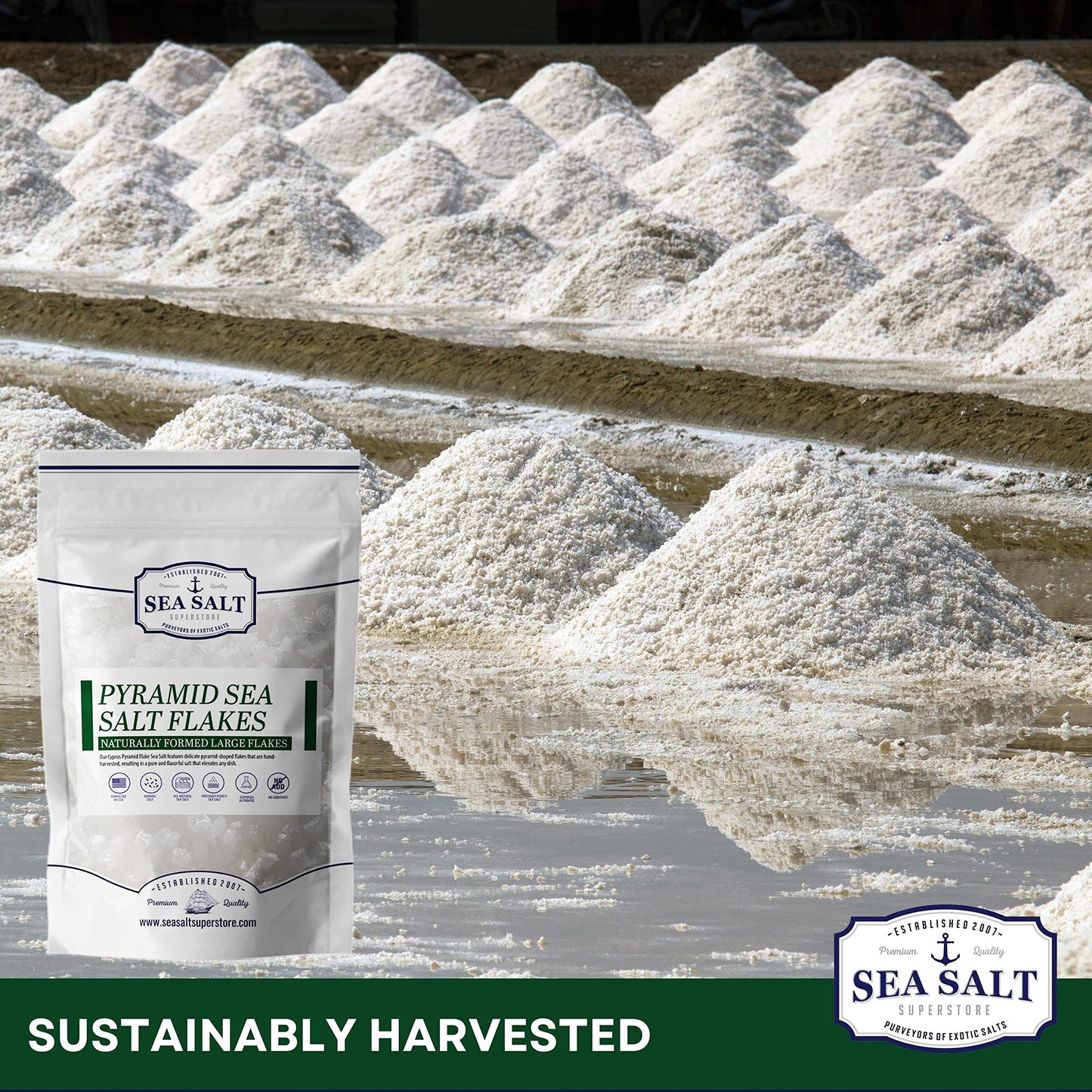 White Pyramid Sea Salt Grains for Steak – Hand-Harvested Cyprus Fishing Sea Salt for Baking, Finishing, & Cooking – Solar-Evaporated – 7 oz Pouch