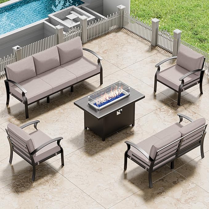 RTDTD Aluminum Outdoor Patio Furniture Set,5 Pieces 7 Seats Patio Conversation Sets with 45" Propane Fire Pit Table,Metal Patio Sectional Furniture Set w/5.1" Cushions for Porch,Deck,Backyard,Sand