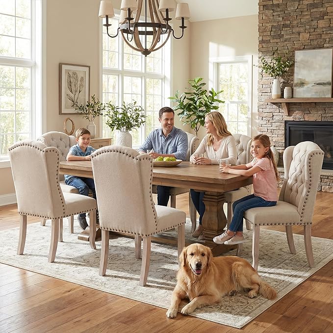 DUOMAY Modern Tufted Dining Chairs Set of 6, Linen Upholstered Dining Room Chairs Armless Guest Side Chair for Kitchen Dining Room, Wingback Accent Chairs with Solid Wood, Beige