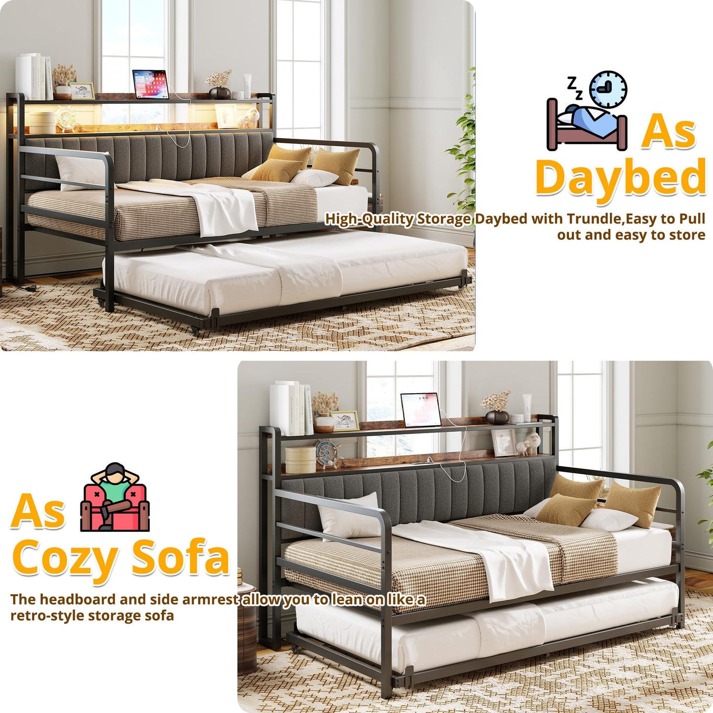 ANCTOR Daybed with Trundle, LED Lights and Charging Station, Twin Size Daybed with 2-Tier Storage Shelves and Upholstered Headboard, Metal Sofa Bed Frame for Living Room, Bedroom, Grey