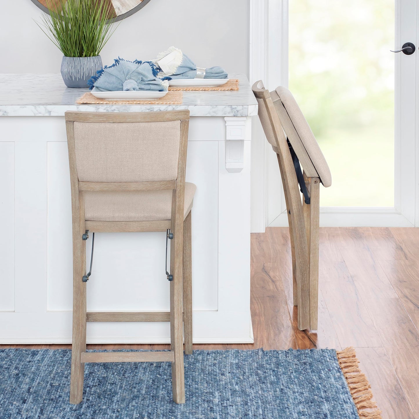 Linon Keira Natural Rustic Wooden Folding Counter Stool with Beige Upholstered Seat and Back