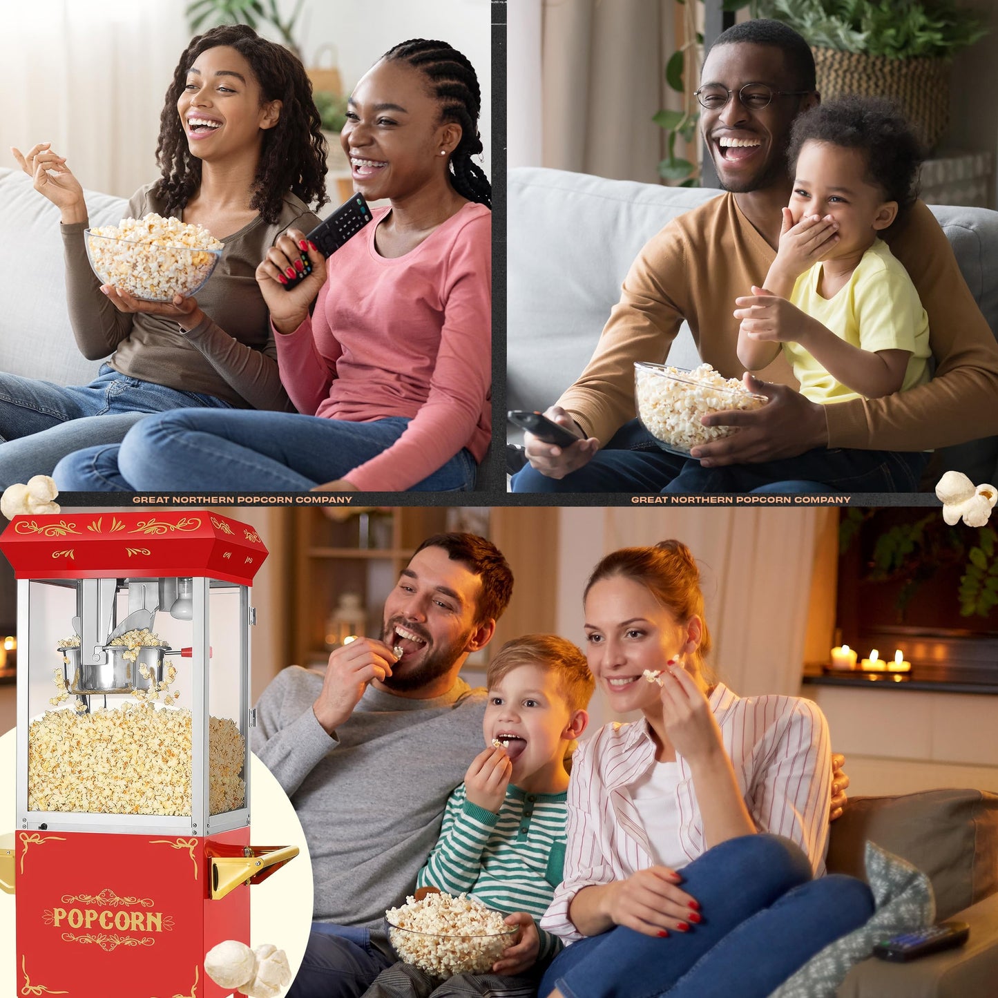 Movie Night Popcorn Machine - 3-Gallon Antique Popper with Cart, 8oz Kettle, Old Maids Drawer, Warming Tray, and Scoop by Great Northern Popcorn (Red)