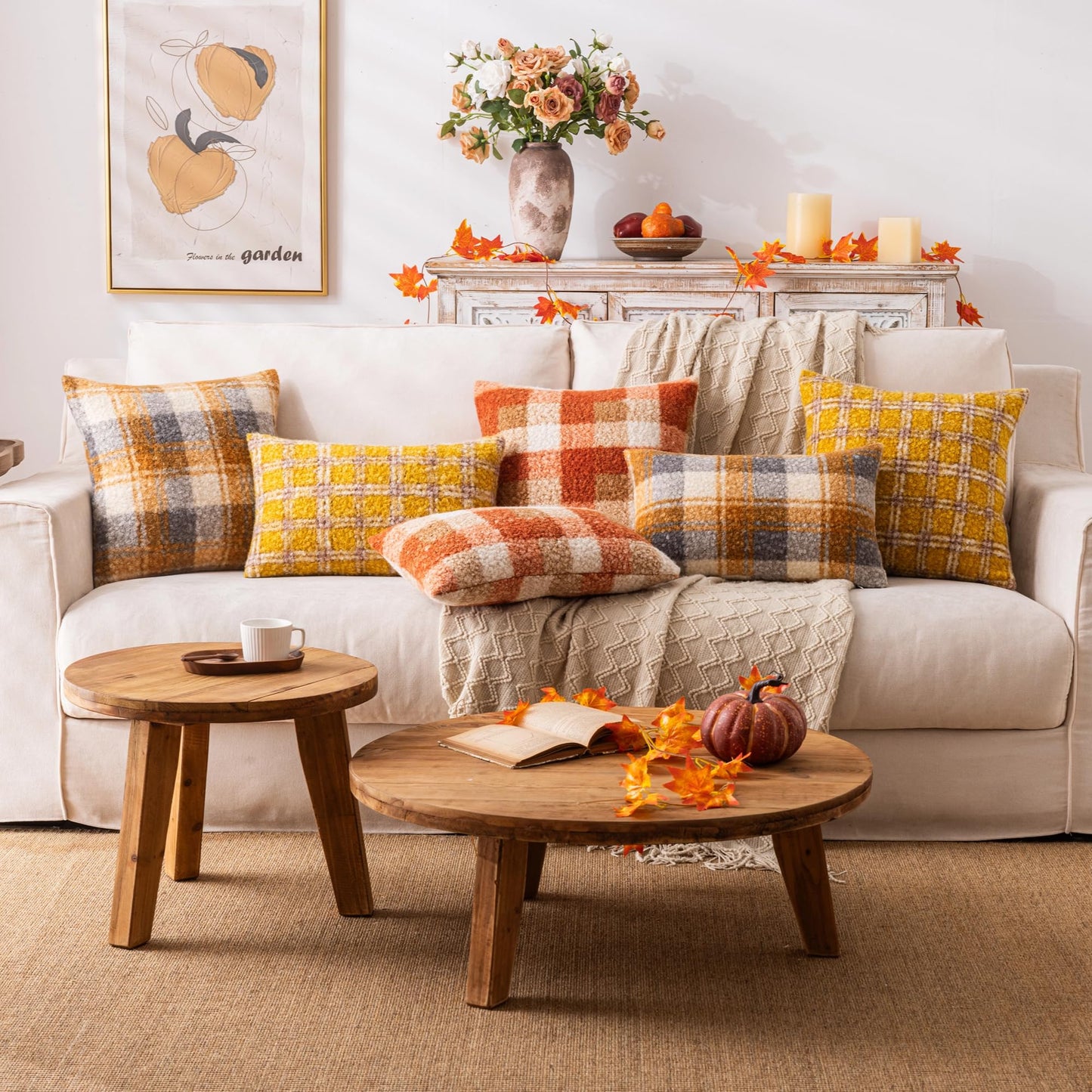 AQOTHES Orange Plaid Fall Throw Pillow Covers 18x18 Inch Set of 2, Boucle Decorative Pillow Covers,Cozy Fluffy Home Living Room Farmhouse Decor for Sofa Couch Bed