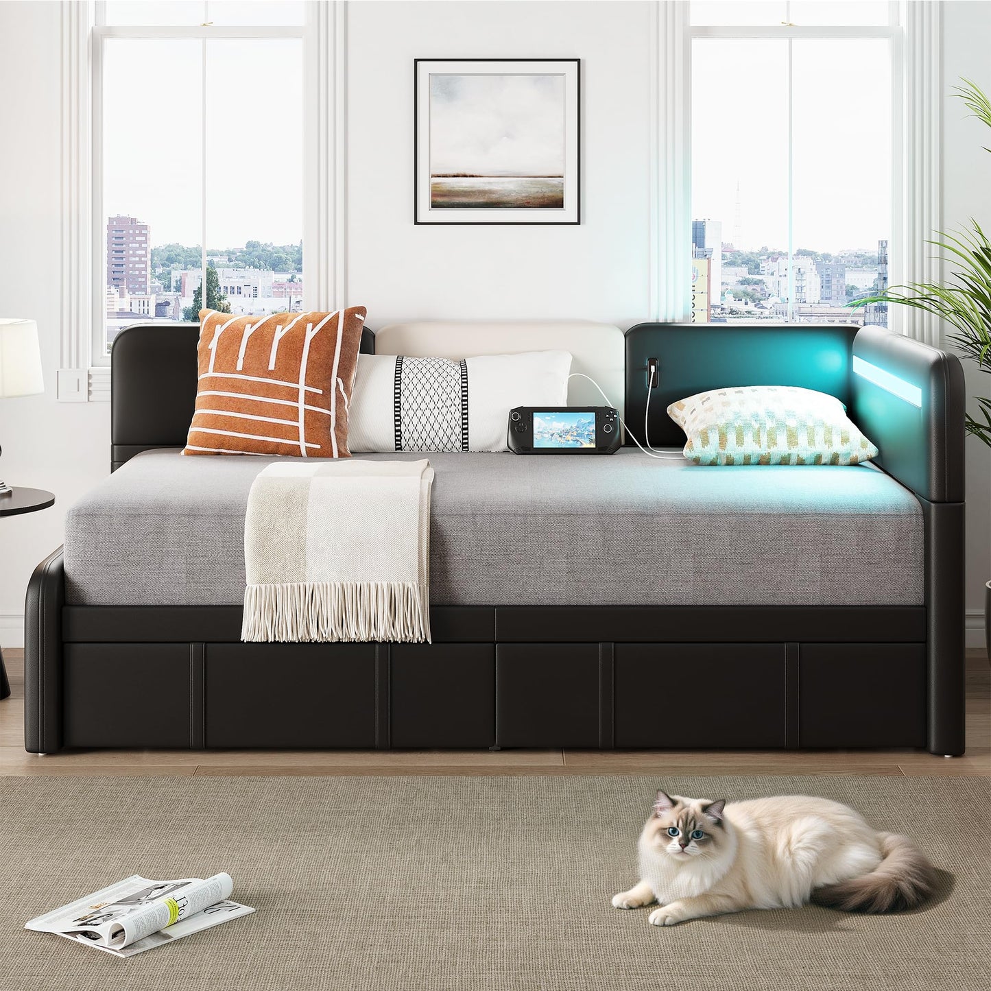 LIKIMIO Daybed with Storage, Twin Day Bed Frame with Drawers, Charging Station & LED, Sofa Bed with Strong Supports for Bedroom, Living Room, PU Leather Upholstered