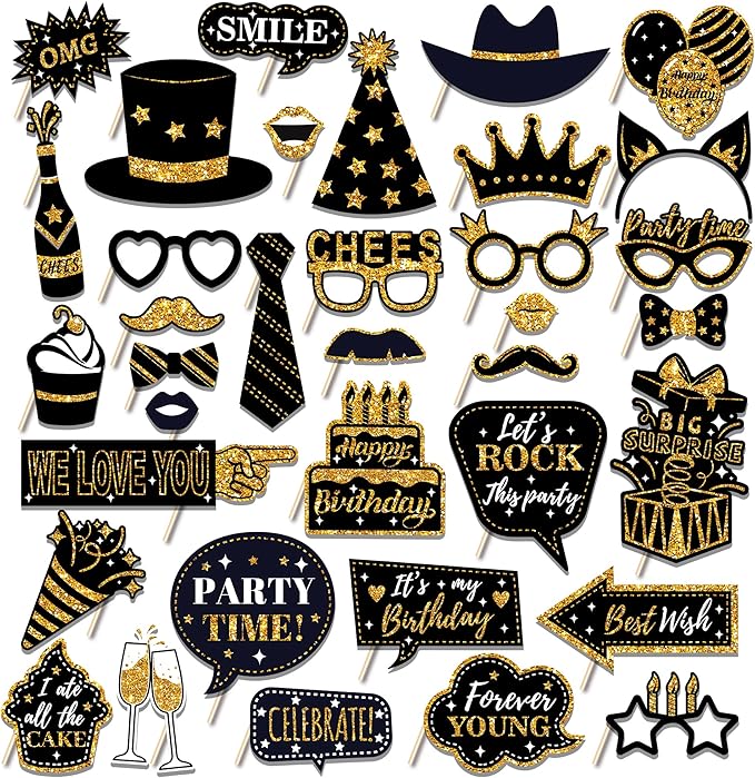 30 Pcs Black & Gold Birthday Photo Booth Props 2025 Party Photo Booth Props Birthday Decorations Backdrop Decorations for ...
