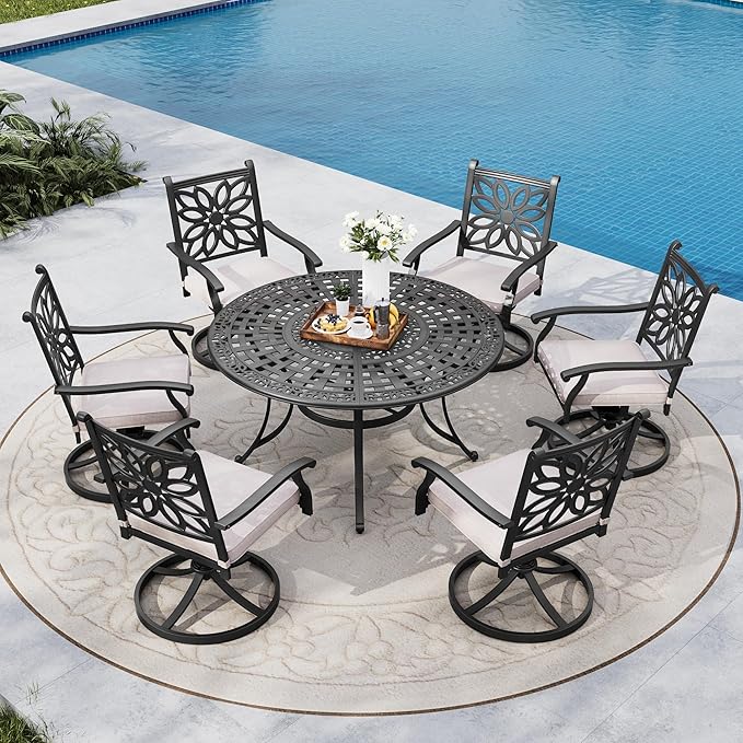 MFSTUDIO Outdoor Dining Chairs Set of 4, Cast Aluminum Patio Swivel Chairs with Wide Seat and 2.8’’ Cushion, Brown Metal Outdoor Swivel Chair Set, Backyard, Deck, 350lbs